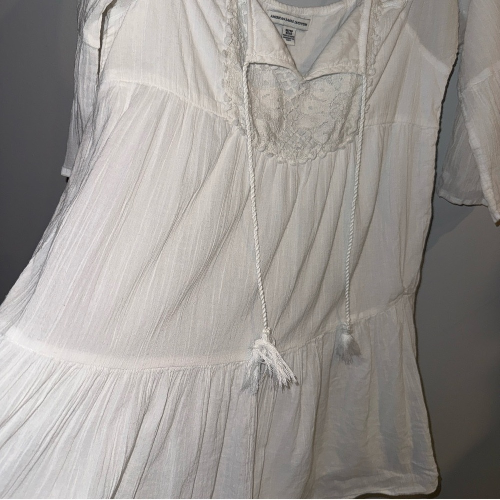 American Eagle Peasant Blouse‎ Crochet White Xs Boho Cottagecore Prairie Gauze - Picture 4 of 11